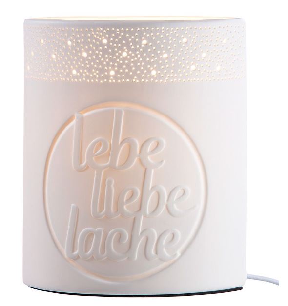 Porzellan-Lampe Ellipse "lebe liebe lache" weiß ca.20 x 17 x 9 cm (H/B/T)