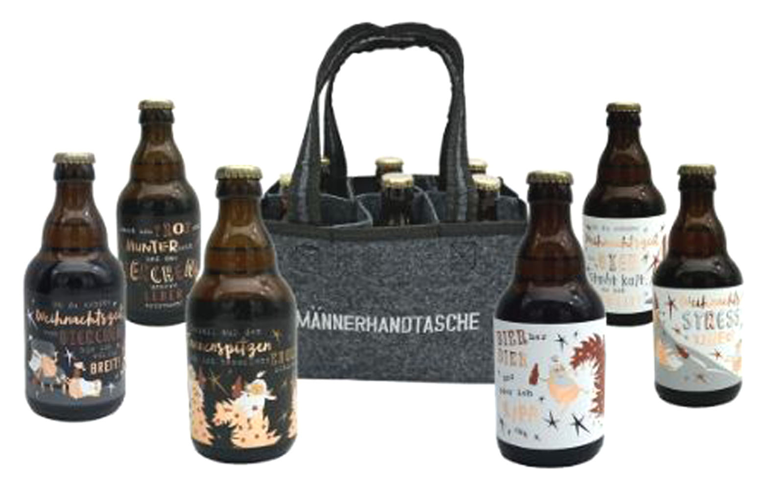 Männerhandtasche mit 6 Weihnachts-Bierflaschen á 0,33 l