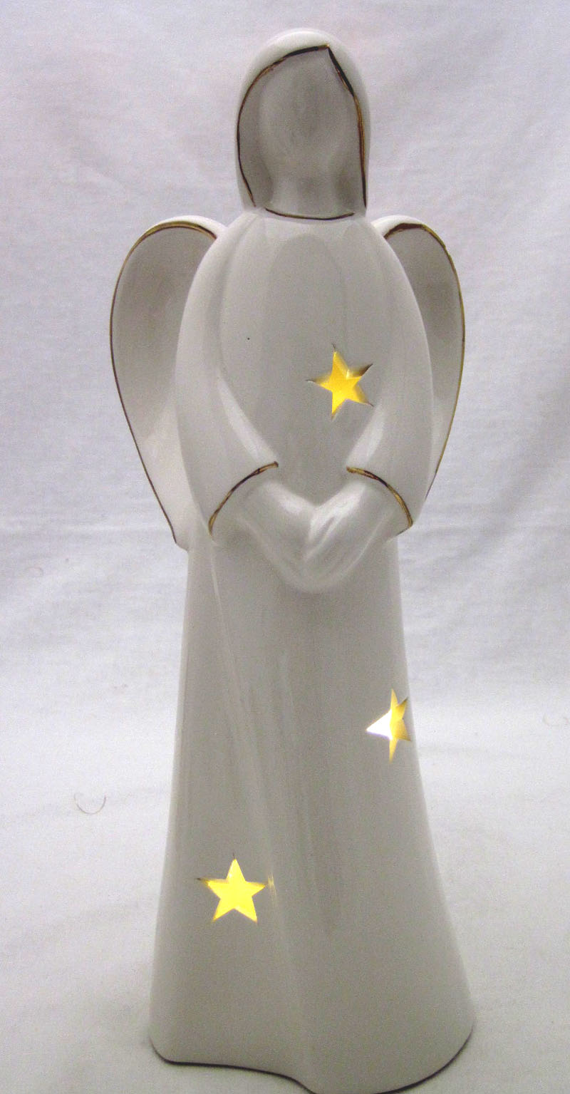 Keramik-Deko-Engel mit LED-Beleuchtung und Timer weiß-gold  ca.28 cm