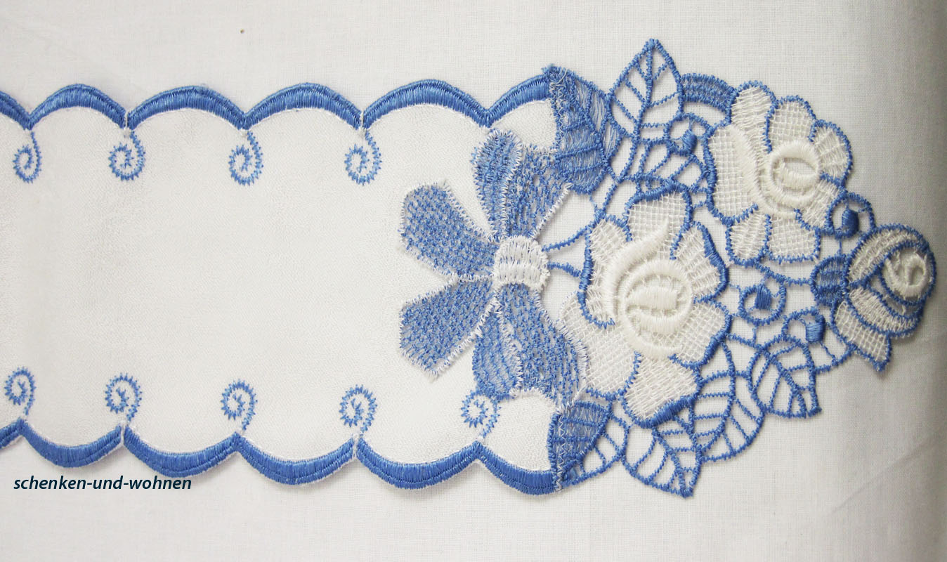 Tischband - Plauener Spitze - blau/weiß mit Rosenmotiv ca. 120 x 11 cm