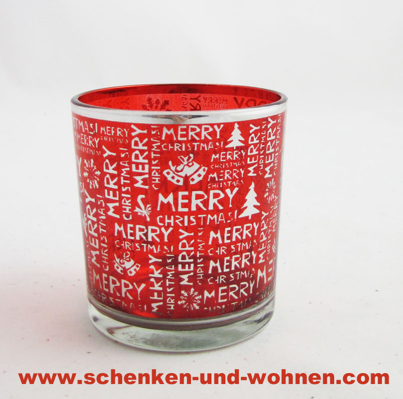 Windlicht mit weihnachtlicher Aufschrift rot 8 cm