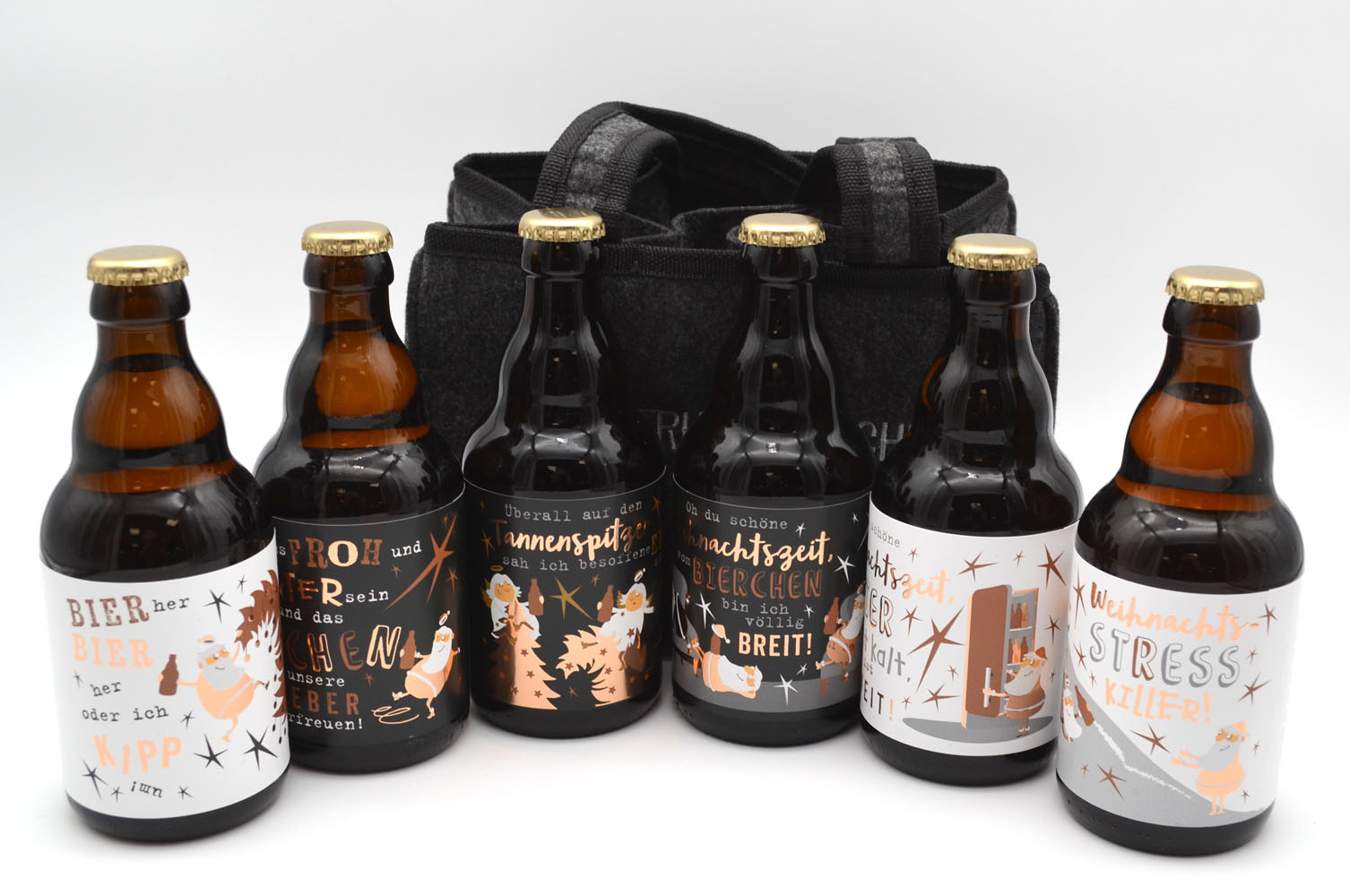 Männerhandtasche mit 6 Weihnachts-Bierflaschen á 0,33 l