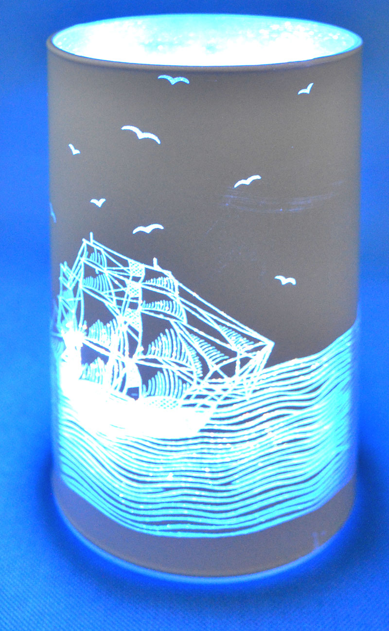 Leuchtglas maritim mit LED-Beleuchtung und Timer HxD (15x8,5cm)