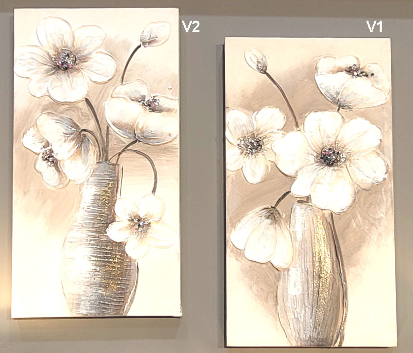 Wandbild Blume in Vase V2 grau-gold-weiß mit Glitzersteinchen 30 x 60 cm