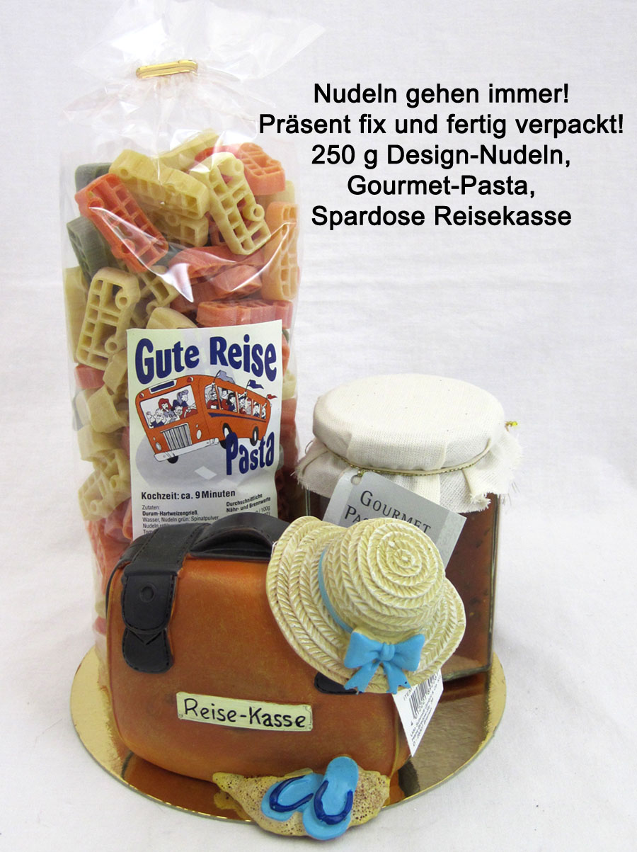 Gute-Reise-Pasta mit Gourmet-Soße und Spardose Koffer