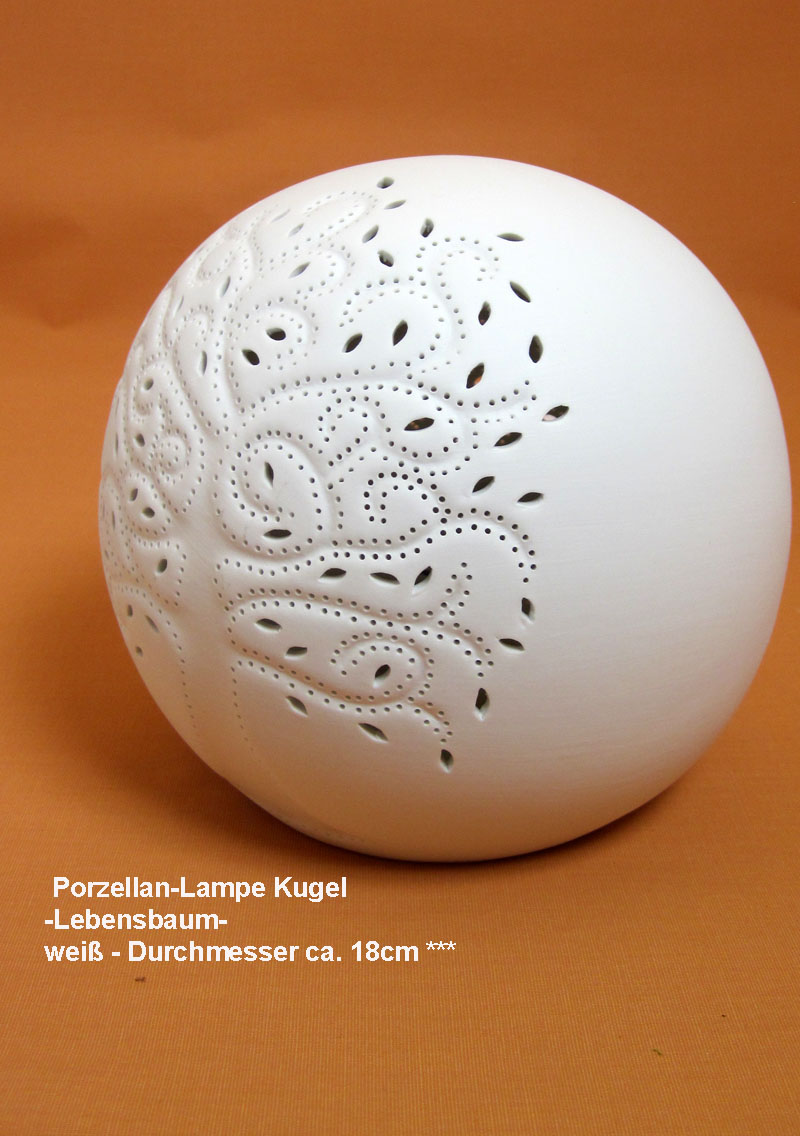 Porzellan-Lampe Kugel -Lebensbaum weiß Durchmesser ca.18cm